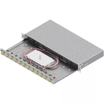   SCHRACK - Optikai rendező 24szálas,LC,50/125µm OM2, kihúzható,19",1U acc. to IEC 61753-1, RAL7035, sliding, pigtails inserted and prepared ready for splicing, PREMIUM - HSELS245LG