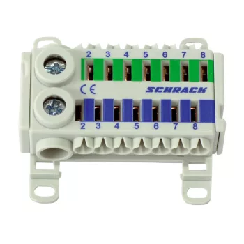   SCHRACK - N/PE kapocs blokk, 2x(1x25mm² / 7x4mm²), 76A, IP20, kék/zöld - IK021080--