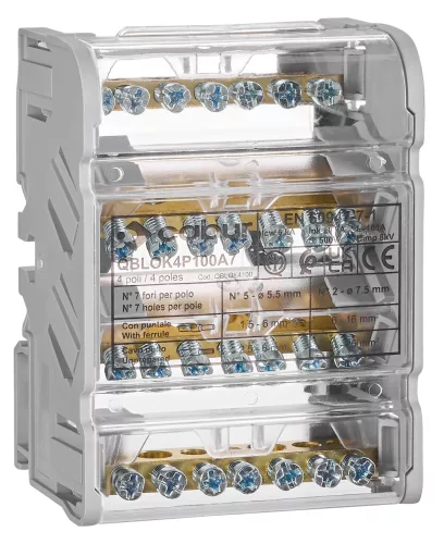 SCHRACK - Csatlakozó blokk, 4-p., 100A, be 2x25mm², ki 5x6mm² 4 pólusú, Bemenet 2 x 10-25mm² (10-16mm² érvéghüvellyel), Kimenet 5 x 2,5-6mm² (2,5-4mm² érvéghüvellyel) - IKBC4016--
