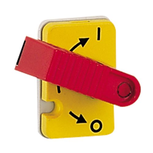 LEGRAND-022302 Vistop 32A 4P mellső, piros kar/sárga fedlap, terhelésszakaszoló kapcsoló sínre