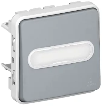   LEGRAND Plexo 55 egypólusú nyomó átkapcsoló N/C, jelzőfénnyel, címketartóval 10A, szürke
