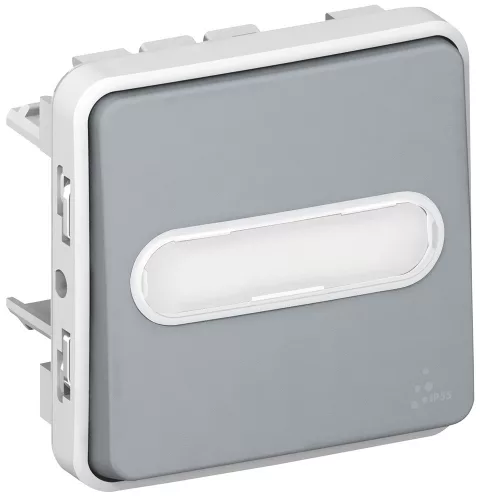 LEGRAND Plexo 55 egypólusú nyomó átkapcsoló N/C, jelzőfénnyel, címketartóval 10A, szürke