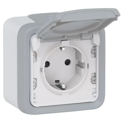 LEGRAND-069733 - Plexo 55 falonkívüli 2P+F aljzat csapófedéllel, csavaros, komplett, szürke