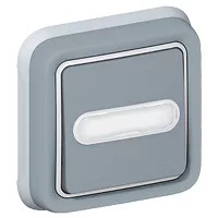LEGRAND Plexo 55 süllyesztett 1P nyomó N/C jelzőfénnyel, címketartóval, komplett, szürke