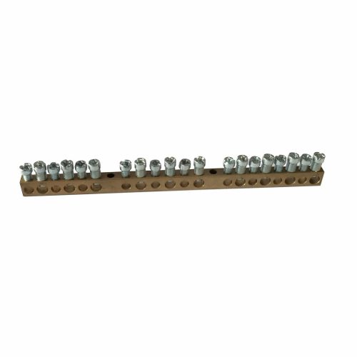 LEGRAND-134003 PractiboxS csavarral rögzíthető csupasz sárgaréz PE elosztókapocs, 20 kötési pont, 10x16mm² + 10x10mm²; Icc=6 kA