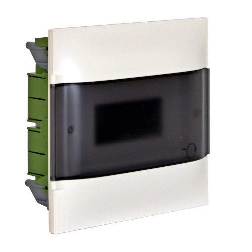 LEGRAND-134158 PractiboxS 1 sor 8 modul, téglafalba süllyeszthető kiselosztó(650°C), átlátszó füstszínű ajtóval, védőföld és nulla elosztókapoccsal