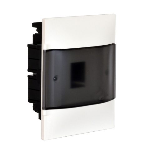 LEGRAND-134174 PractiboxS 1 sor 4 modul, gipszkartonba süllyeszthető kiselosztó (850°C),  átlátszó füstszínű ajtóval, védőföld és nulla elosztókapoccsal