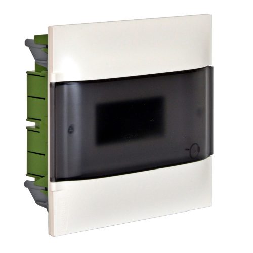 LEGRAND-134176 PractiboxS 1 sor 6 modul, gipszkartonba süllyeszthető kiselosztó (850°C),  átlátszó füstszínű ajtóval, védőföld és nulla elosztókapoccsal