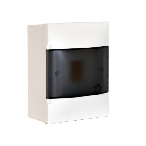 LEGRAND-134214 PractiboxS 1 sor 4 modul, falon kívüli kiselosztó, átlátszó füstszínű ajtóval, védőföld és nulla elosztókapoccsal