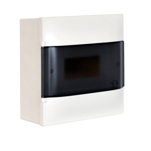 LEGRAND-134218 PractiboxS 1 sor 8 modul, falon kívüli kiselosztó, átlátszó füstszínű ajtóval, védőföld és nulla elosztókapoccsal