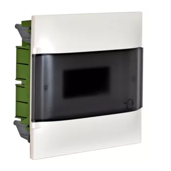   LEGRAND-135171 PractiboxS 1 sor 12 modul, gipszkartonba süllyeszthető kiselosztó(850°C), átlátszó füstszínű ajtóval, védőföld és nulla elosztókapoccsal