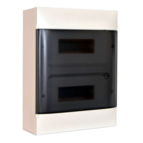 LEGRAND-135212 PractiboxS 2 sor 12 modul, falon kívüli kiselosztó(650°C), átlátszó füstszínű ajtóval, védőföld és nulla elosztókapoccsal