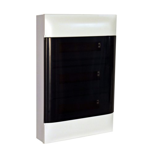 LEGRAND-135213 PractiboxS 3 sor 12 modul, falon kívüli kiselosztó(650°C), átlátszó füstszínű ajtóval, védőföld és nulla elosztókapoccsal