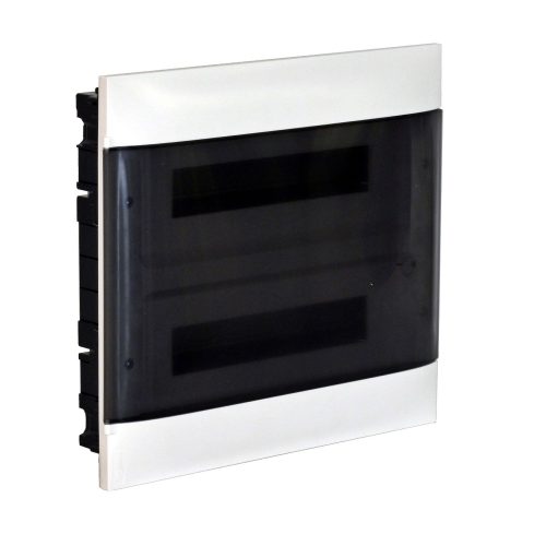 LEGRAND-137157 PractiboxS 2 sor 18 modul, téglafalba süllyeszthető kiselosztó(650°C), átlátszó füstszínű ajtóval, védőföld és nulla elosztókapoccsal