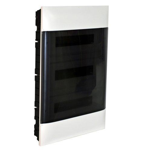 LEGRAND-137178 PractiboxS 3 sor 18 modul, gipszkartonba süllyeszthető kiselosztó(850°C), átlátszó füstszínű ajtóval, védőföld és nulla elosztókapoccsal