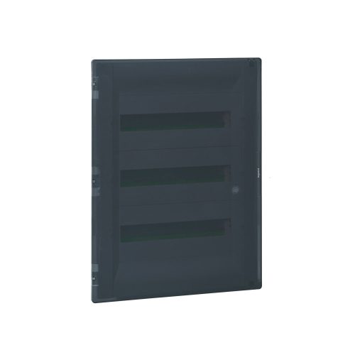 LEGRAND-401758 Practibox3 süllyesztett kiselosztó, átlátszó füstszínű ajtóval, védőföld és nulla elosztókapoccsal, 3 sor 54 modul, 592x422
