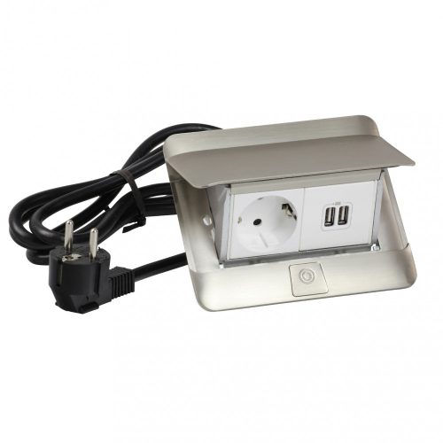 LEGRAND-654009 Pop-up felszerelt felnyíló süllyesztett doboz 4 modul, 1x2P+F, 2xUSB (2,4A), 2 m vezeték 2P+F dugóval, rozsdamentes acél