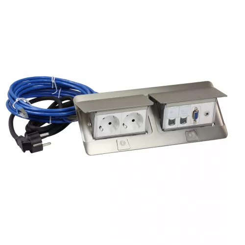LEGRAND-654013 Pop-up felszerelt felnyíló süllyesztett doboz 8 modul, 1x2P+F, 2xRJ45 Cat.6 UTP, 1xHD15, 2 m vezeték 2P+F dugóval, 3 m RJ 45 vezeték, 0,1 m VGA kábel, 0,1 m jack 3,5 mm, rozsdamentes ac