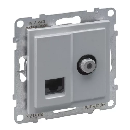 LEGRAND-721362 Suno TV "F" típus + RJ45 Cat.6 UTP aljzat, alumínium