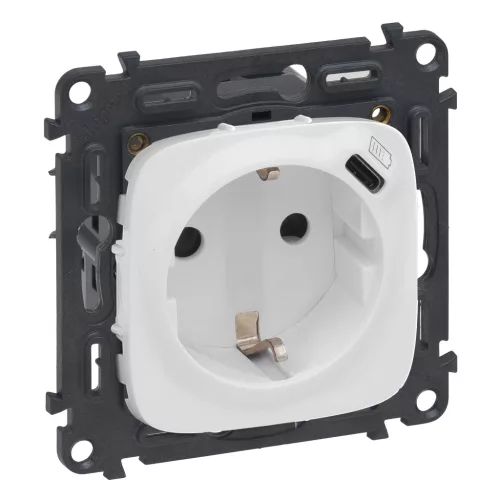 LEGRAND-753005 Valena Allure 2P+F csatlakozóaljzat+ USB C-túpusú 1,5A-5V-7,5W töltőaljzat, körmös/csavaros rögz, rugós beköt, Fehér