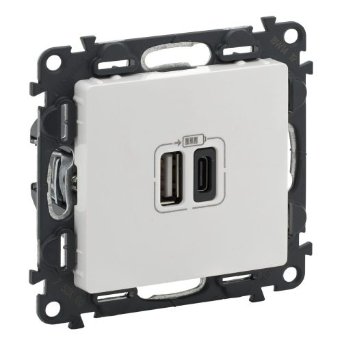 LEGRAND-753106 Valena Life Töltőaljzat Kettős USB C-típusú + USB A-típusú csatlakozóval, 5V–3A–15W, Túlfesz-védelem >1kW, Class II SELV, Fehér