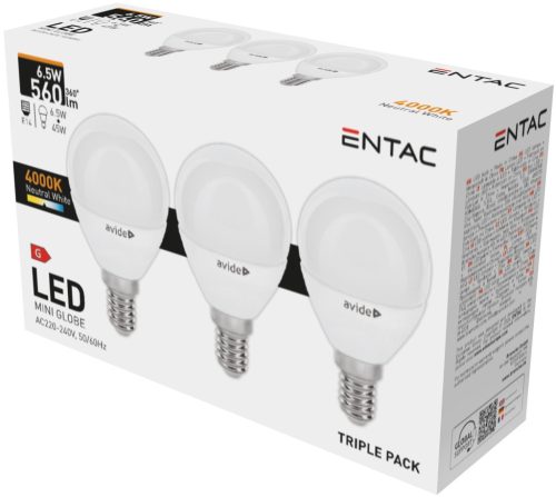 Entac LED Mini Globe E14 6,5W NW 4000K 3-Pack