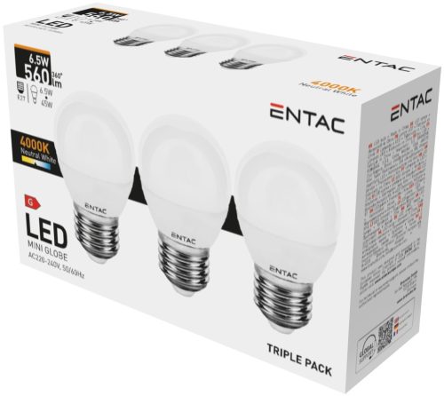 Entac LED Mini Globe E27 6,5W NW 4000K 3-Pack