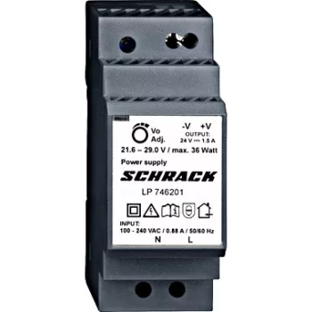   SCHRACK - Egyfázisú tápegység, szabályozott, moduláris, 230/24VDC,1,5A elektronikus tápegység, DIN sínre szerelhető, sorbaépíthető - LP746201-A