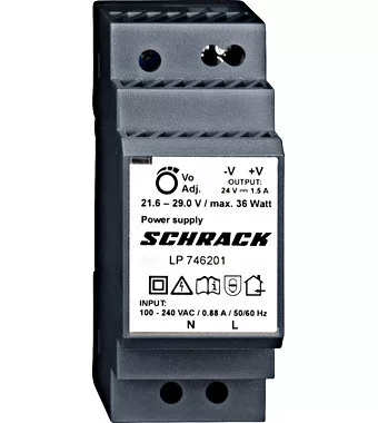 SCHRACK - Egyfázisú tápegység, szabályozott, moduláris, 230/24VDC,1,5A elektronikus tápegység, DIN sínre szerelhető, sorbaépíthető - LP746201-A