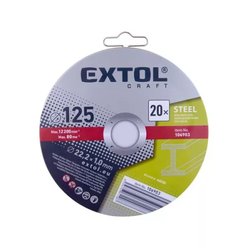 EXTOL 106903 Vágókorong 20 db, acélhoz; 125×1×22,2mm, max 12200 ford/perc, fémdobozban