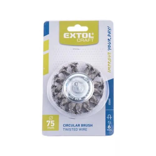 EXTOL 17039 Drótcsiszoló körkefe, 75mm, fúrógépbe fogható: 6mm csap, sodrott erős, hullámos szálú, max 12.500 ford/perc