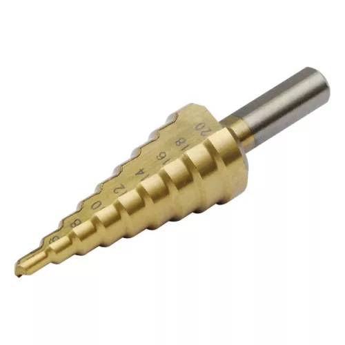 EXTOL 20053 Lépcsős fémfúró, 9 lépcsős; (4-20mm, 2mm lépcsők), befogás: 10mm, max. 4mm vastag anyagokhoz, TiN bevonat