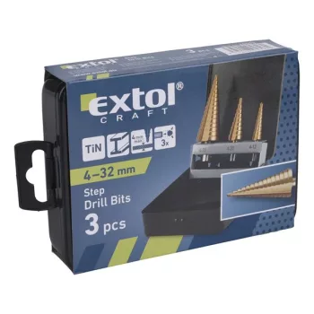   EXTOL 20090 Lépcsős fémfúró klt. 3db; (4-12mm/1mm lépcsők,4-20mm/2mm,4-32mm/2mm) befogás:10mm, max.4mm vastag anyagokhoz,TiN bevonat