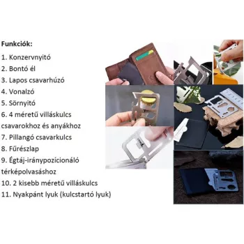   EXTOL 3385082 Túlélő kártya, 11 funkciós, tokkal; 6,9×4,5×0,2cm, inox