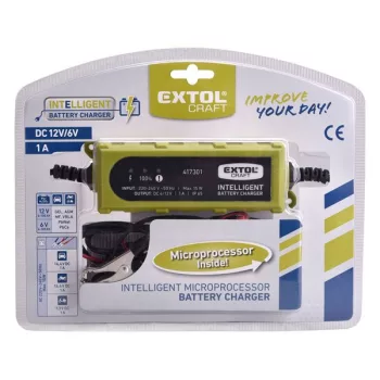   EXTOL 417301 Akkutöltő, autós, mikroprocesszoros, intelligens; 1 Amp, 4-100Ah, DC 12V/6V