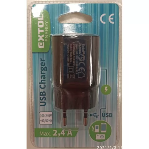 EXTOL 42086 Hálózati USB töltő adapter, 2,4A / 12W, kábel nélkül
