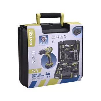   EXTOL 422801 Akkus fúrócsavarozó, 12V, Li-ion, szénkefe mentes, 1db 2000 mAh akku + 46 db szerszámkészlet