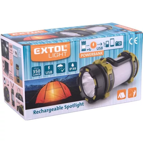 EXTOL 43140 LED lámpa, tölthető; 350 Lm, cserélhető Li-ion akku, 2600 mAh, powerbank funkció, cseppálló
