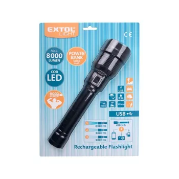   EXTOL 43142 LED lámpa, 60 W COB LED; 8000 Lm, ALU ház, zoom, USB újratölthető Li-ion akkus, 5000 mAh, Power Bank funkció