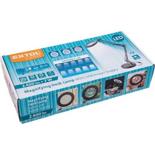 EXTOL 43160 Nagyító LED lámpa, asztali, Fekete, 7 W COB, 2400 Lm, 5× nagyítás; mechanikusan állítható rögzítés, USB töltőkábel