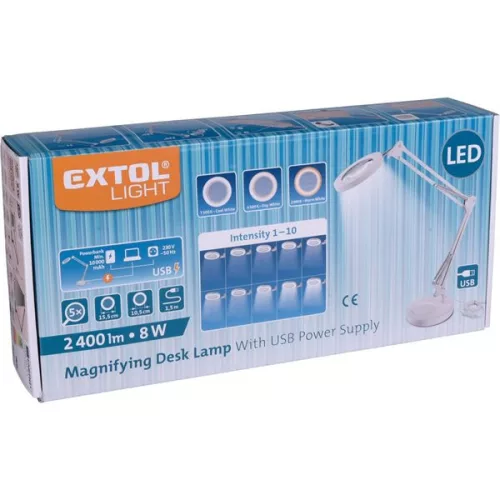 EXTOL 43161 Nagyító LED lámpa, asztali, Fehér, 7 W COB, 2400 Lm, 5× nagyítás; mechanikusan állítható rögzítés, USB töltőkábel