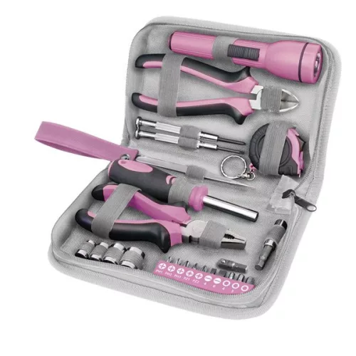 EXTOL 6595 Szerszámkészlet, 23db, 1/4"; Extol Lady, rózsaszín, 4 dugófej (6-12mm), fogók, csavarhúzó markolat, mérőszalag, BIT-ek
