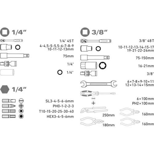 EXTOL 6598 Szerszámkészlet, 65db, 1/4"+3/8" CV.; dugókulcsok, racsnis kar, fogók, csavarhúzók, villás kulcsok, BIT-ek