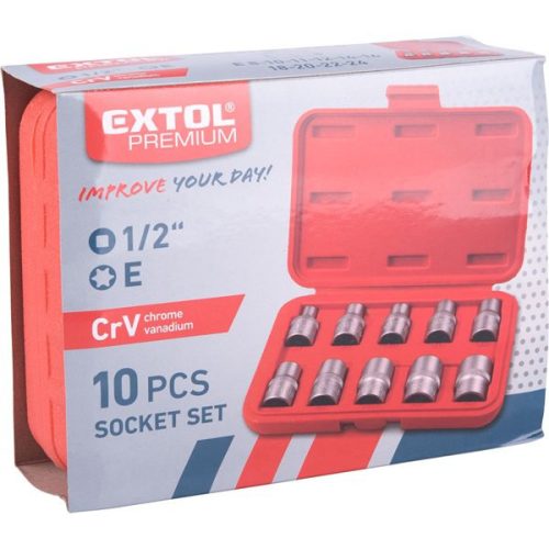 EXTOL 8818128 Bitdugófej klt. belső, 10db, TORX,  1/2"×38mm (E8-10-11-12-14-16-18-20-22-24), CrV/S2