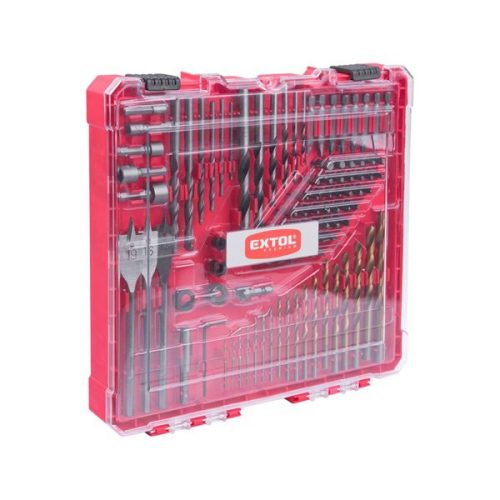 EXTOL 8819653 Behajtó és fúró klt. 100 db Cr.V., lapos, PH, PZ, HEX, T és TTa illetve fa-, fém- és betonfúrók, műanyag tartóban