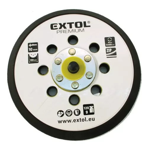 EXTOL 8865038A Tartalék gumi talp 8865038 rotációs csiszológéphez, 6"/150mm, 8 db lyuk, tépőzáras, max. 12.000/perc, vastagság: 10mm