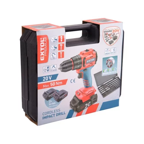 EXTOL 8891806 Akkus ütvefúró- és csavarozó, Share20V, 20V, Li-ion, 50Nm, 2db akku, 1db töltő, 2000 mAh, 50Nm
