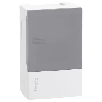   SCHNEIDER MIP12104T - RESI9 MP Kiselosztó, tejüveg hatású átlátszó ajtó, falon kívüli, 1x4 modul, PEN sín, fehér