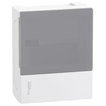   SCHNEIDER MIP12106T - RESI9 MP Kiselosztó, tejüveg hatású átlátszó ajtó, falon kívüli, 1x6 modul, PEN sín, fehér
