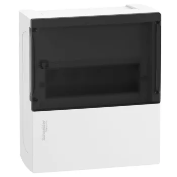   SCHNEIDER MIP12108S - RESI9 MP Kiselosztó, füstszínű átlátszó ajtó, falon kívüli, 1x8 modul, PEN sín, komplett, fehér